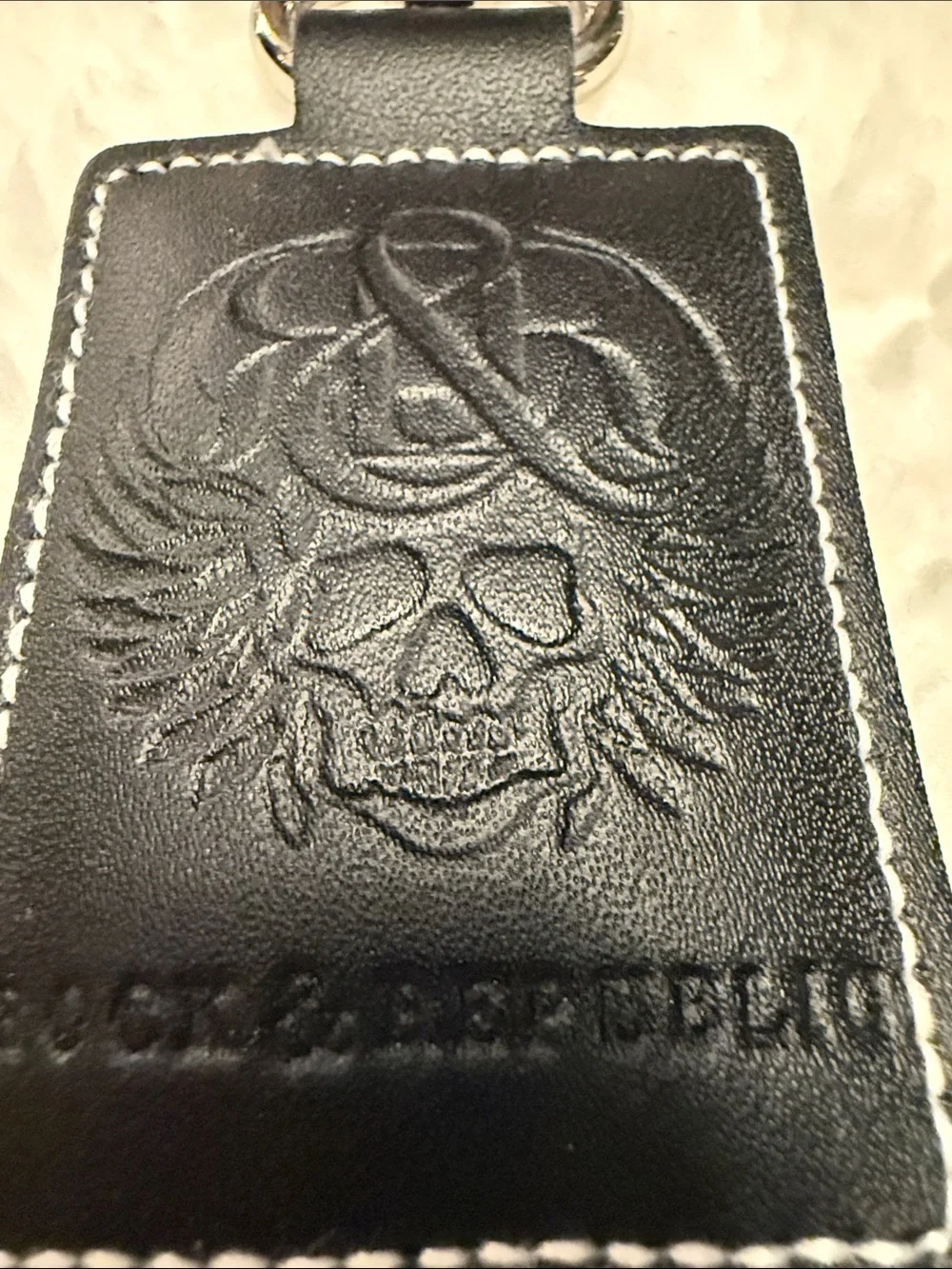 Rock & Republic Black Leather Key Ring Chain Fob with Embossed Skull Motif